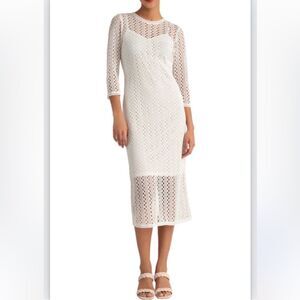 Donna Morgan Ivory Crochet 3/4 Sleeve Midi Dress